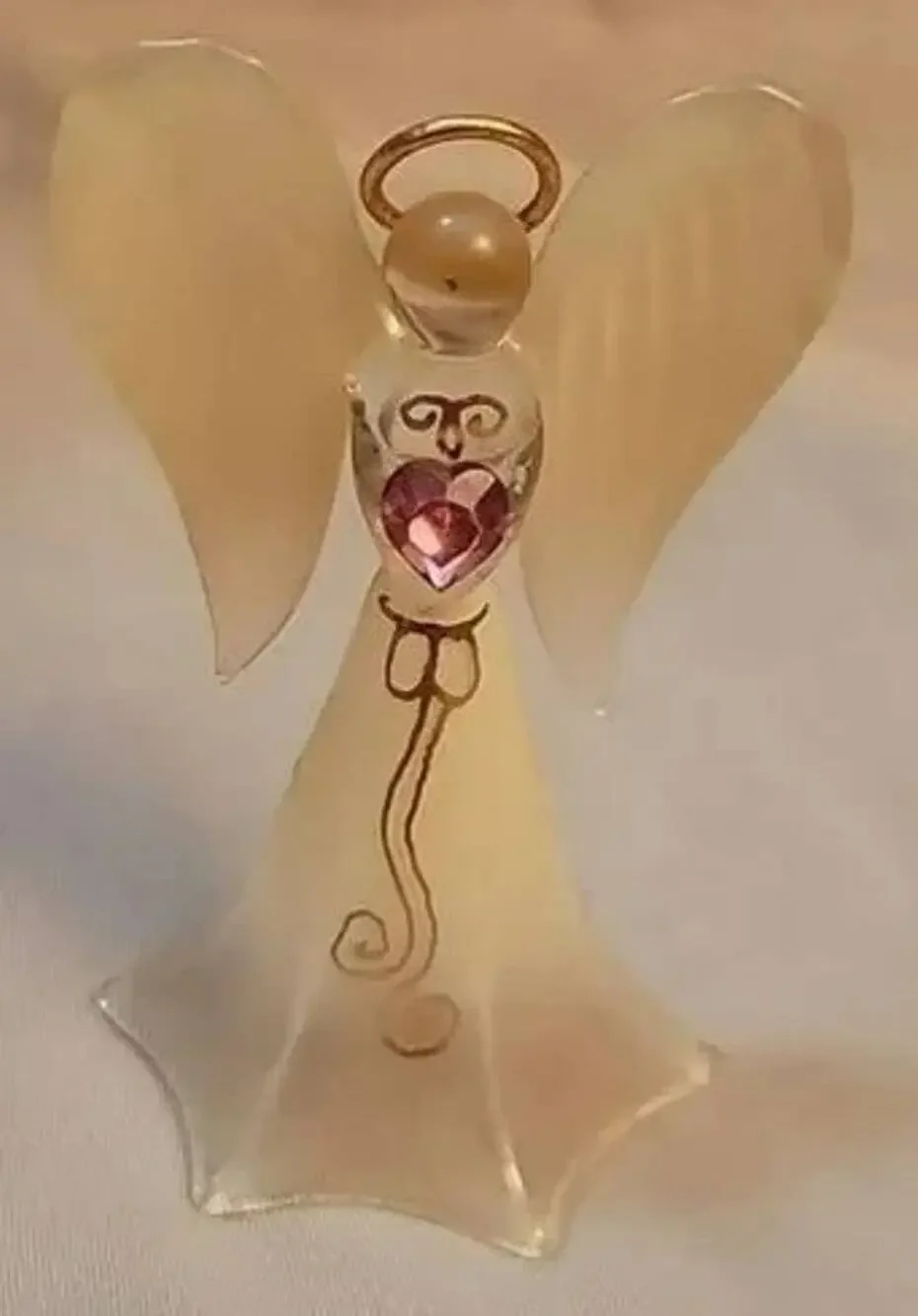 Vintage Glass Christmas Angel with Halo, Golden Painted Robe, and Pink Gem